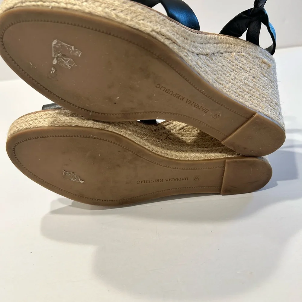 Black Leather Espadrille Wedge Sandals Adjustable Ankle Strap Sz‎ 9.5 Preowned